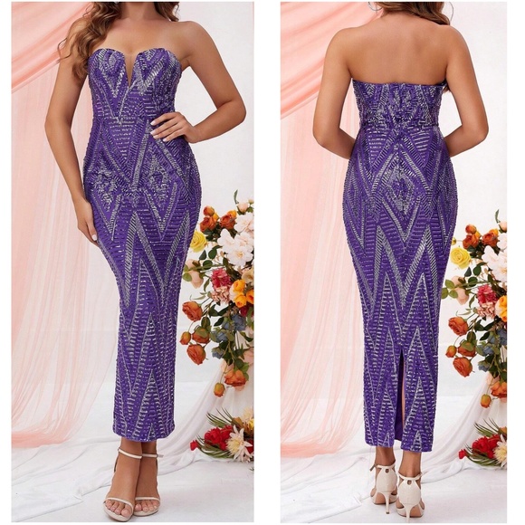 Luxe Sequin Strapless Fitted Sexy Party Bodycon Dress - Picture 5 of 7